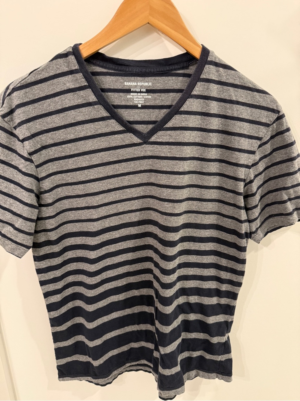 Banana Republic Men’s Striped V-Neck Tee in Gray and Navy
